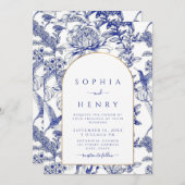Blue Peony Chinoiserie Victoriaans bloemenbruiloft Kaart (Voorkant / Achterkant)