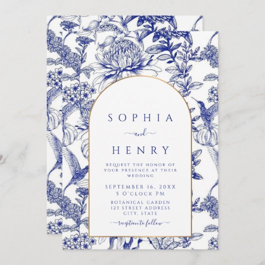 Blue Peony Chinoiserie Victoriaans bloemenbruiloft Kaart (Voorkant / Achterkant)