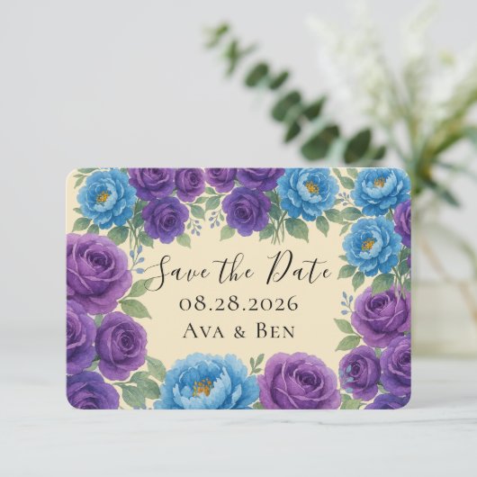 Blue Peony & Fig Paarse Roos Bewaar de datumkaarte (Staand voorkant)