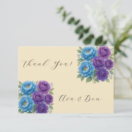 Blue Peony & Fig Paarse Roos Bruiloftsfeest Bedankkaart (Staand voorkant)