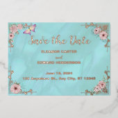  Blue Peony Folie Save the Date Kaart (Voorkant)