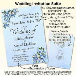 Blue Peony on Blue Wedding Suite Invitation Kaart