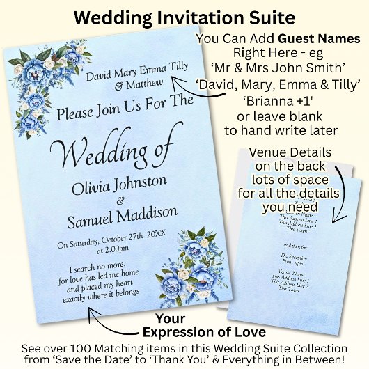 Blue Peony on Blue Wedding Suite Invitation Kaart