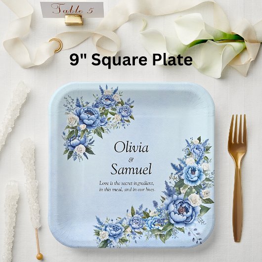 Blue Peony op Blue 9" Square Papieren Bordje