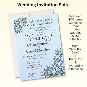 Blue Peony op Blue Wedding Suite Uitnodiging #A