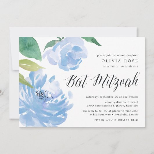 Blue Peony | Uitnodiging Bat Mitzvah (Voorkant)