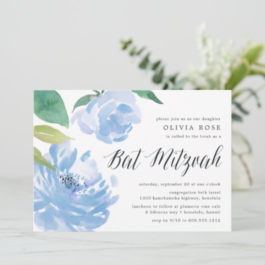 Blue Peony | Uitnodiging Bat Mitzvah (Staand voorkant)
