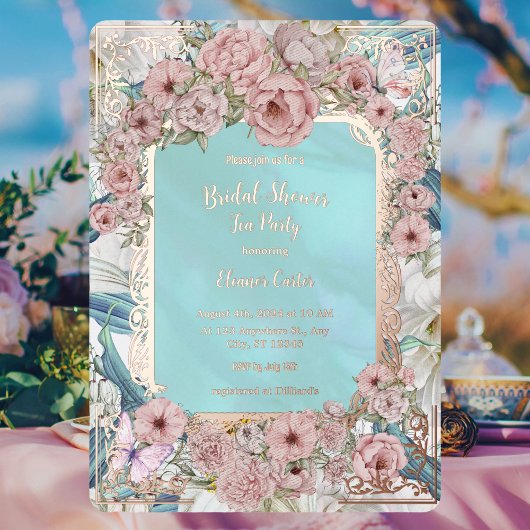 Blue Peony Vrijgezellenfeest Tea Party Folie Uitnodiging