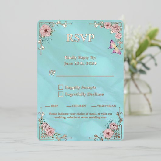  Blue Peony Wedding Folie RSVP Response Kaart (Staand Voorkant)