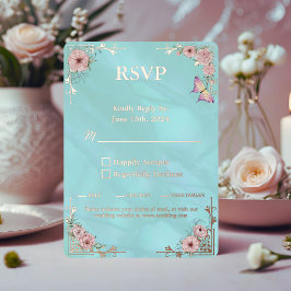  Blue Peony Wedding Folie RSVP Response Kaart