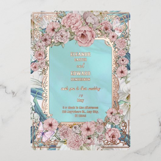  Blue Peony Wedding Folie Uitnodiging (Voorkant)