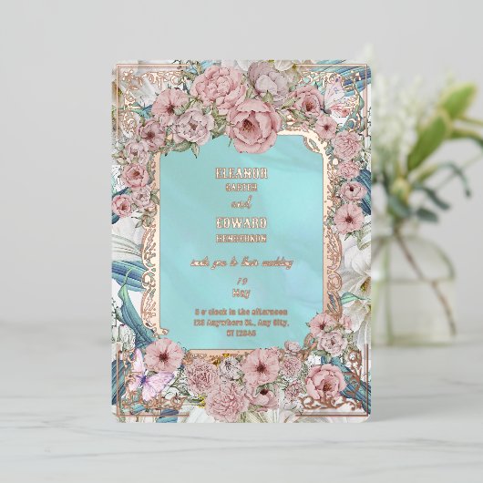 Blue Peony Wedding Folie Uitnodiging (Staand Voorkant)