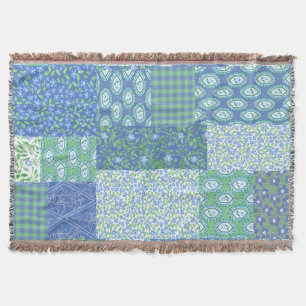 Blue Periwinkle Floral Boho Faux Patchwork Patroon Deken