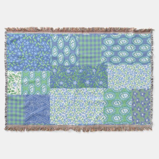 Blue Periwinkle Floral Boho Faux Patchwork Patroon Deken (Voorkant)