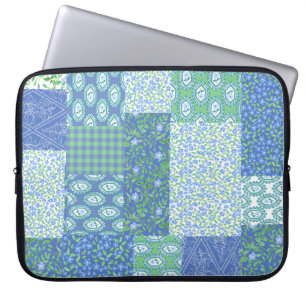 Blue Periwinkle Floral Boho Faux Patchwork Patroon Laptop Sleeve