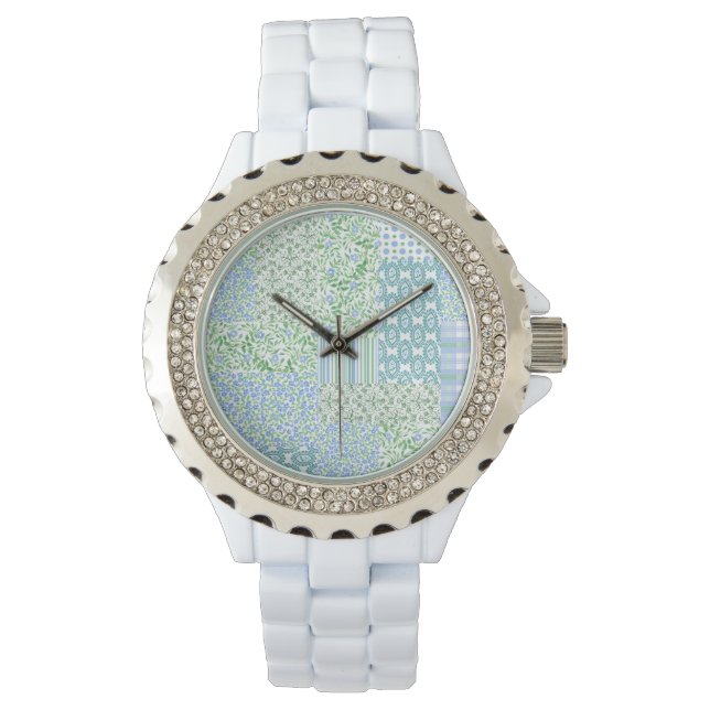 Blue Periwinkle Flowers  Faux Patchwork Horloge (Voorkant)