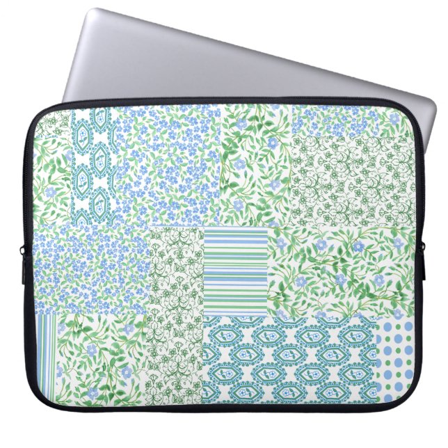 Blue Periwinkle Flowers  Faux Patchwork Laptop Sleeve (Voorkant)