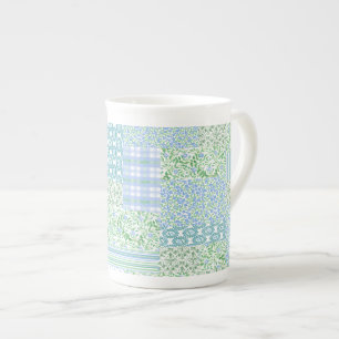Blue Periwinkle Flowers  Faux Patchwork Porselein Kop