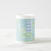 Blue Periwinkle Flowers Faux Patchwork Porselein Kop (Voorkant)