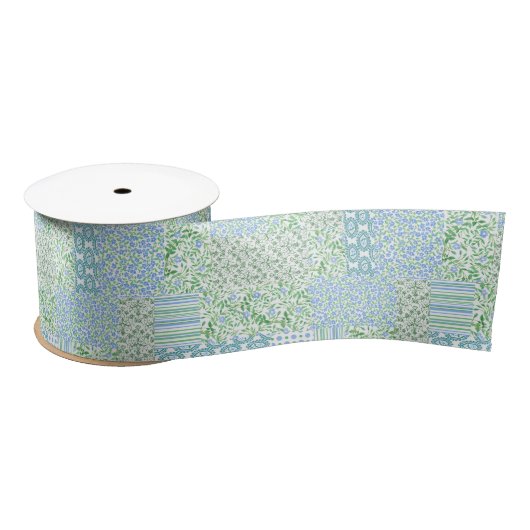 Blue Periwinkle Flowers  Faux Patchwork Satijnen Lint (Spoel)