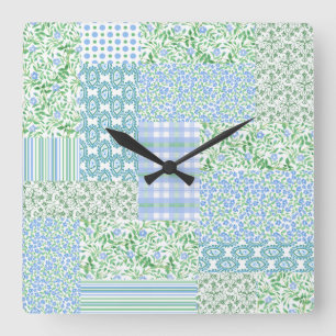 Blue Periwinkle Flowers Faux Patchwork Vierkante Klok