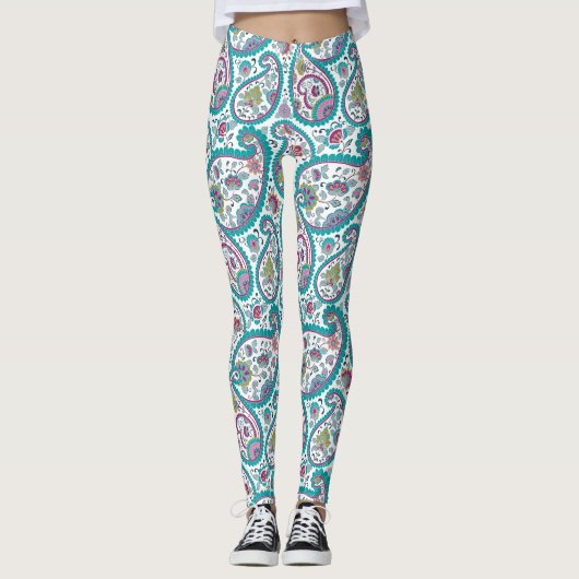 Blue Persian Boteh Paisley Pattern Yoga Leggings (Voorkant)