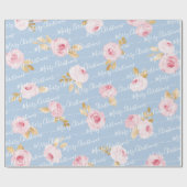 Blue Personalized Merry kerstscript Floral Cadeaupapier (Vlak)