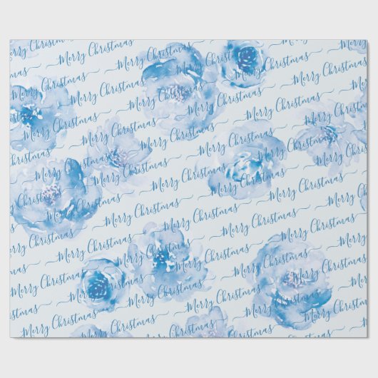 Blue Personalized Merry kerstscript Floral Cadeaupapier (Vlak)