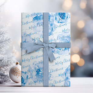 Blue Personalized Merry kerstscript Floral Cadeaupapier