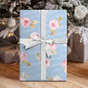 Blue Personalized Merry kerstscript Floral Cadeaupapier