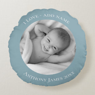Blue Personalized Photo Name Year Rond Kussen