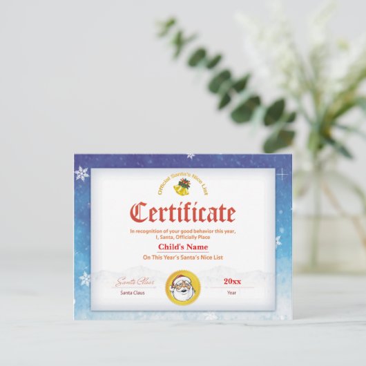 Blue Personalized Santa's Nice List Certificate Briefkaart (Staand voorkant)
