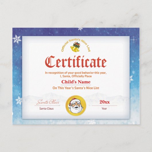 Blue Personalized Santa's Nice List Certificate Briefkaart (Voorkant)