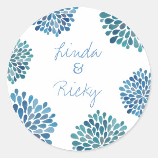 Blue Petal Bloom Burst Bruiloft Ronde Sticker Seal