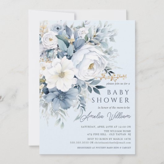 Blue Petal Boys Baby shower Uitnodiging (Voorkant)