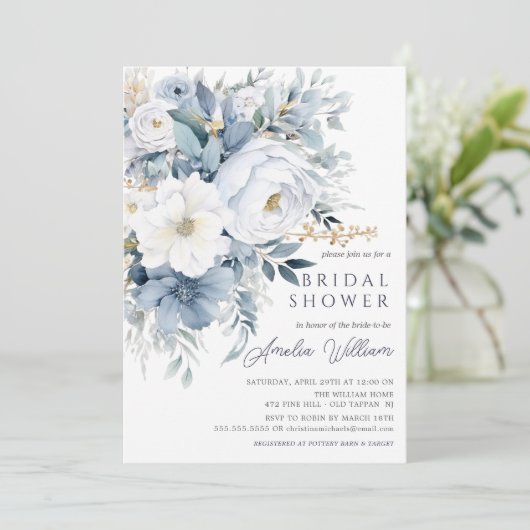 Blue Petal bruids douche uitnodiging (Staand voorkant)