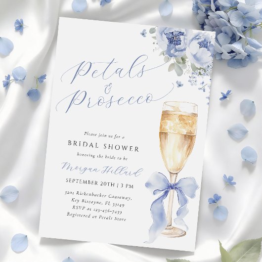 Blue Petals and Prosecco Bridal Shower Invitation Kaart