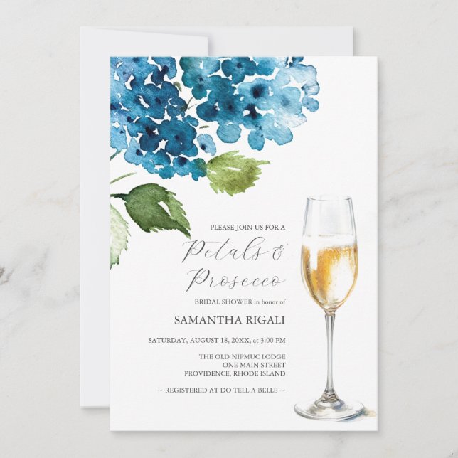 Blue Petals and Prosecco Bridal Shower Invitations (Voorkant)