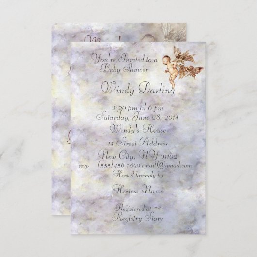 Blue Peter Pan Baby vliegt met FairiesShower Invi Save The Date (Voorkant / Achterkant)