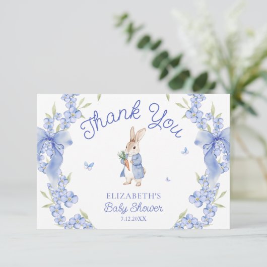 Blue Peter Rabbit Boy Baby shower Dank u Kaart (Staand voorkant)