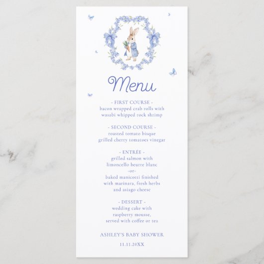 Blue Peter Rabbit Boy Baby shower Menu (Voorkant)
