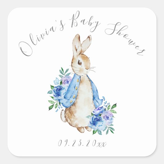 Blue Peter Rabbit Floral Boy Baby shower Vierkante Sticker (Voorkant)