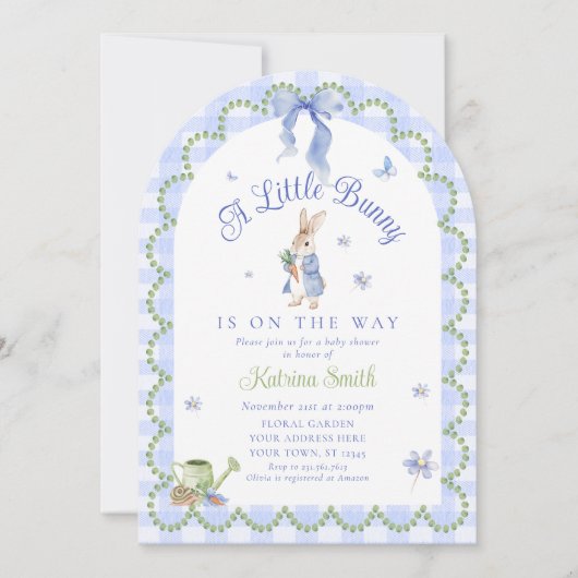 Blue Peter Rabbit Gingham Baby Shower Kaart (Voorkant)