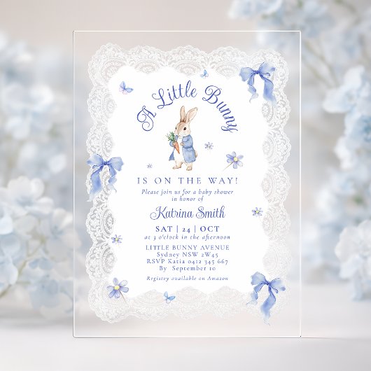 Blue Peter Rabbit Lace Baby Shower Acryl Uitnodigingen