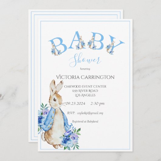 Blue Peter Rabbit Letters Baby shower Invitation Kaart (Voorkant / Achterkant)