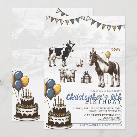 Blue Petting Zoo Verjaardagsfeestuitnodiging Kaart (Voorkant / Achterkant)