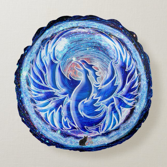 Blue Phoenix Rond Kussen (Voorkant)