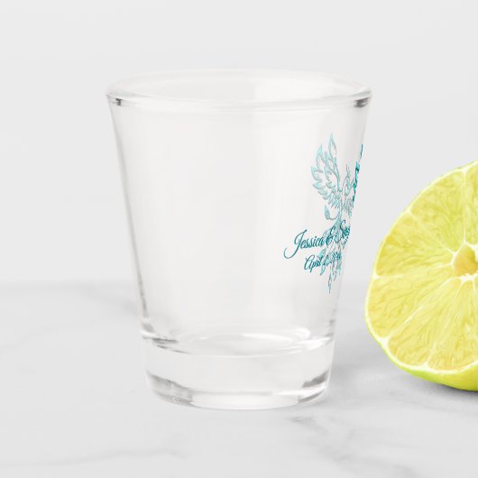 Blue Phoenix stijgt bruid en bruidegom plus datum Shot Glas (Links)