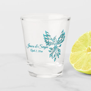 Blue Phoenix stijgt bruid en bruidegom plus datum Shot Glas