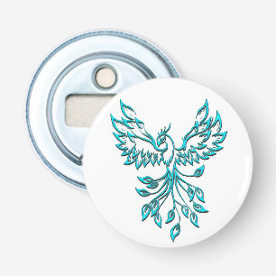 Blue Phoenix stijgt op wit Button Flesopener